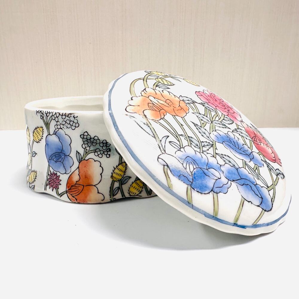 Vintage Floral Asian Trinket Jewelry Storage Box Lidded
